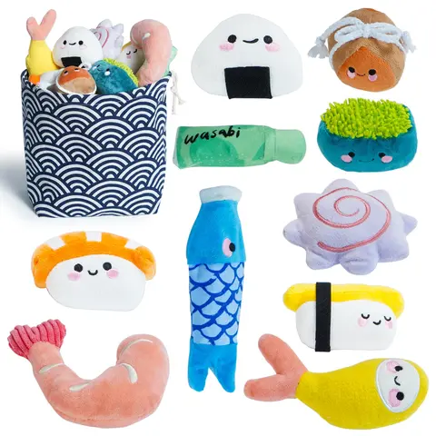 Nocciola 10-Piece Cartoon Sushi Dog Toy Set with Takeout Bag, Culinary Theme Plush Squeaky Chew Toys with Playful Squeaks & Softness, for Small-Medium Dogs (10-Pieces Covers More Play Styles)