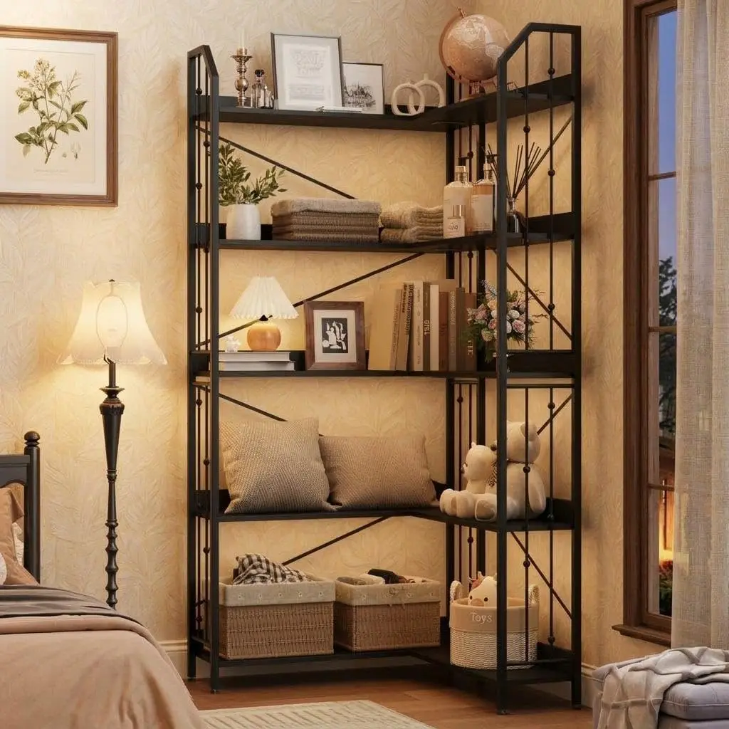 72" Industrial L-Shaped Corner Bookshelf, 5-Tier Bookcase with Metal Frame & MDF, Tall Display Shelf for Living Room & Bedroom