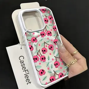 CaseFleet Pink Skull Cherry Phone Case Edgy Gothic Style for iPhone 17 16 15 14 13 12 11 Plus Pro Max Acrylic Frosted Magnetic Suction Case with Hard Shell and Skin-Friendly Finish