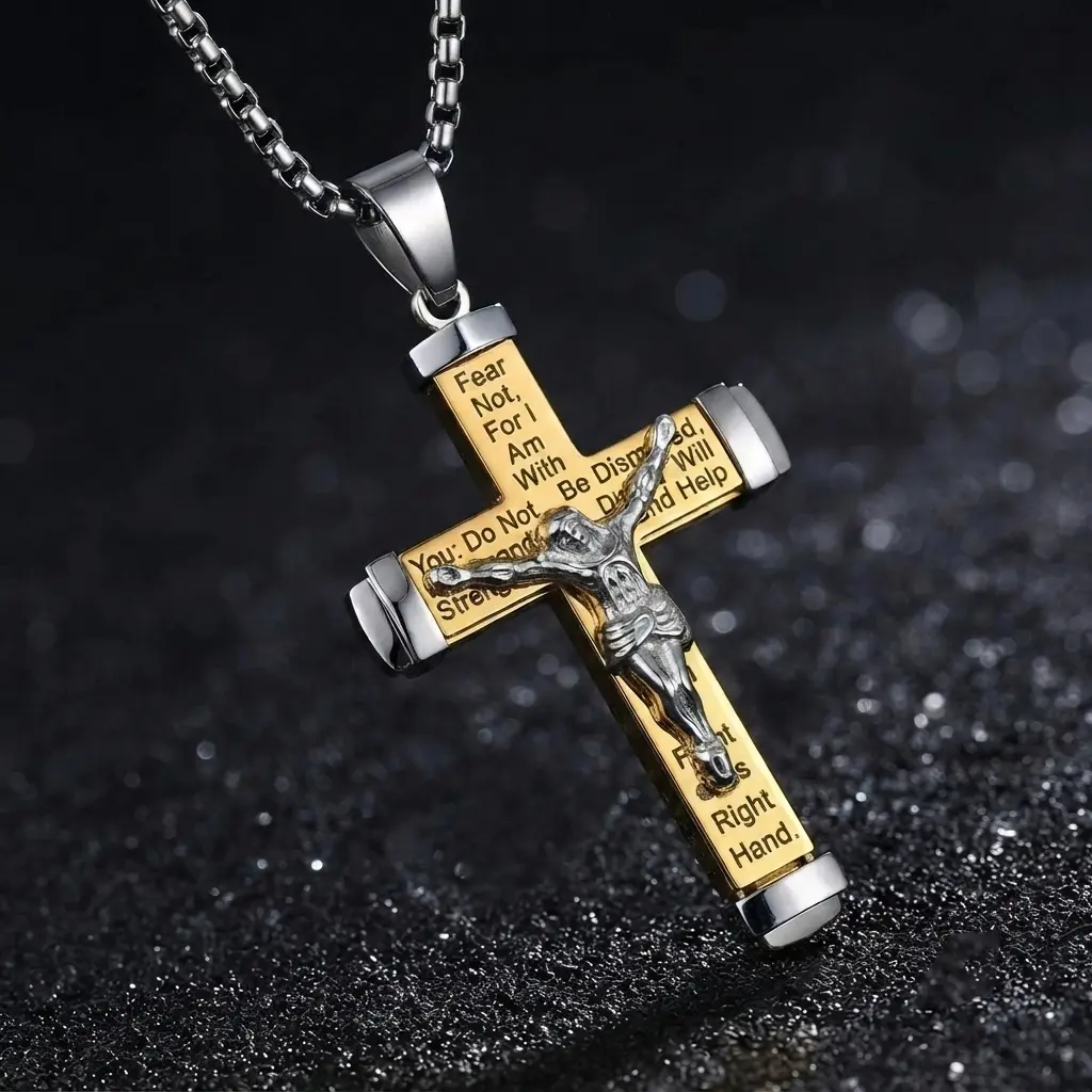 Stainless Steel Cross Necklace for Men, Isaiah 41:10 Bible Verse Crucifix Pendant, Two Tone Gold Silver Box Chain Christian Religious Jewelry