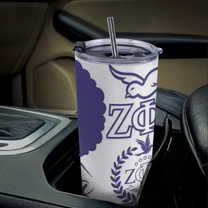 20-oz Zeta Phi Beta sorority themed stainless steel straw cup - Greek letter ZΦB badge travel cup, durable insulated design, suitable as a sorority gift, Greek-themed and for everyday use, sippy