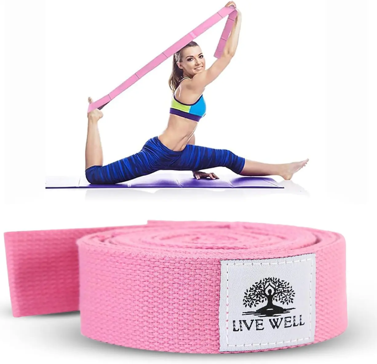 Live Well 8ft Pink Yoga Strap with 9 Loops for Stretching Flexibility & Support - Durable Yoga Accessories for Women - 9 Grip Points for All Levels