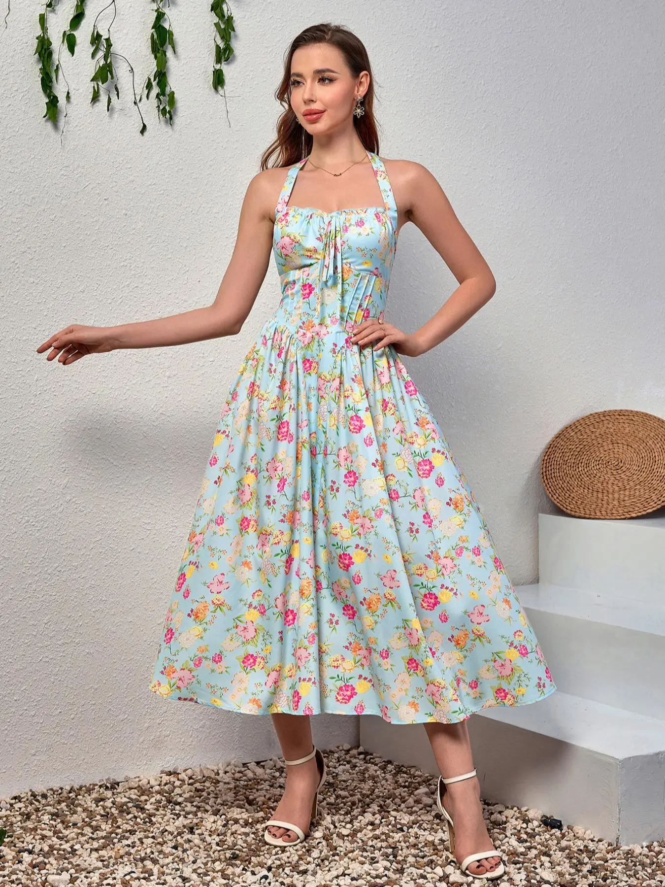 ditsy floral halter dress Sunnyshic Women's Ditsy Floral Halter Neck Dress With 3D Flower Decor