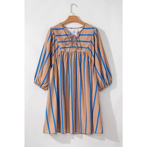 Khaki Stripe Contrast Striped Print 3/4 Sleeve Babydoll Plus Size Dress