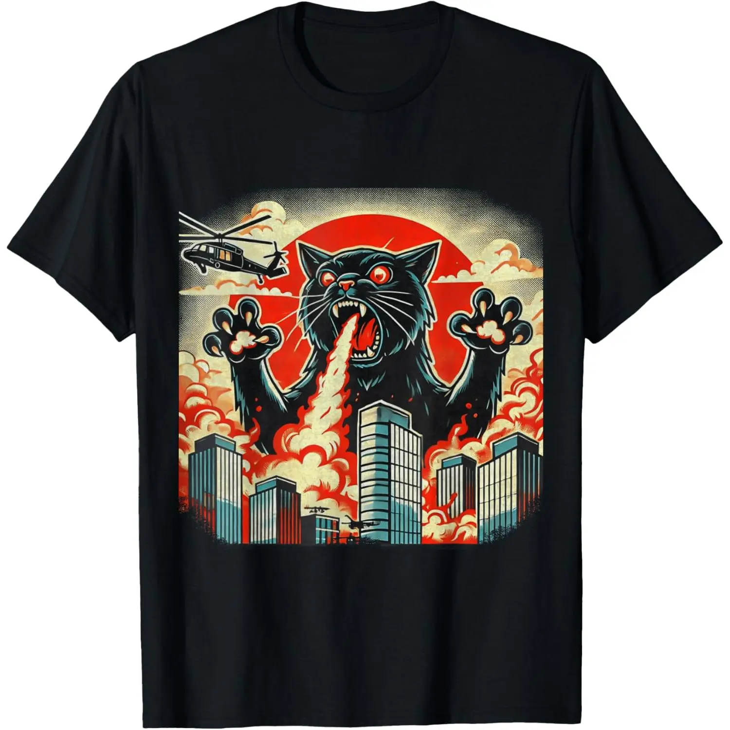 Casual Cotton shortsleeve funny graphic tees Catzilla Cat Japanese Art Funny Cat Gifts For Men Women Kids T-Shirt