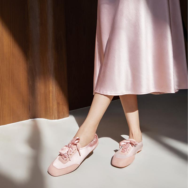 VIVAIA Women's Satin Square-Toe Sneakerina Sneakers, Adjustable Lace-Up Ballet Flats with 2 Laces,Wide Toe Box,Suede-Like Integrated Insole Machine Washable, Lightweight,Triple-Sole Comfort Balletcore  (Cristina)