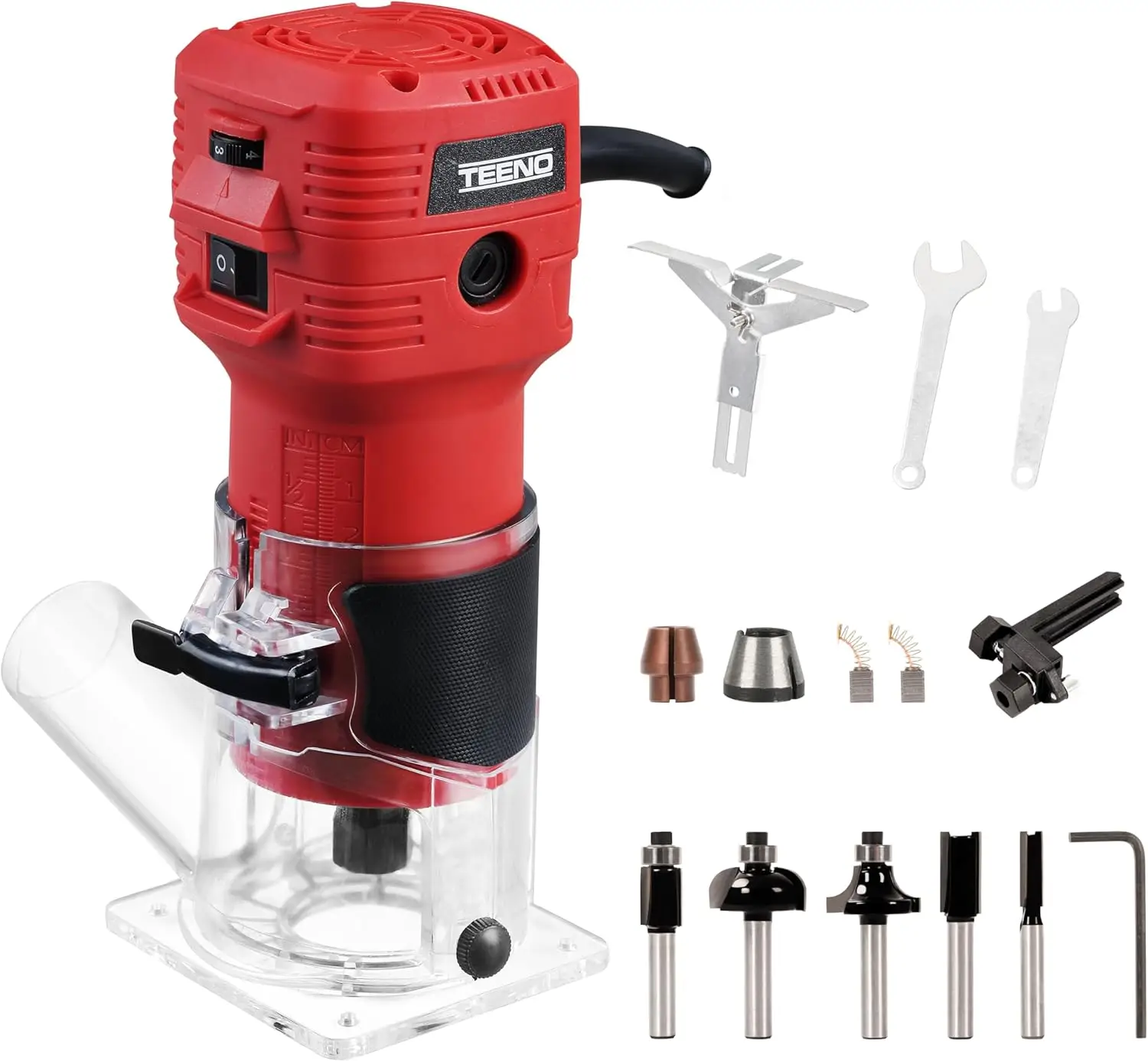 TEENO Wood Router, 650W 110V Compact Router Tools for Woodworking, 32000 RPM Hand Trim Router with 1/4" Router Bits Set, 6 Variable Speeds, Edge G