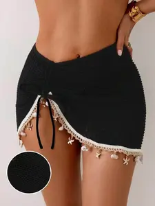 Women's New Sexy Split Knit Drawstring Bikini Cover-Up, Shell Starfish Fringe Decor, Adjustable, Beach Vacation Wear, Swimsuit Cover Ups, Swimwear Cover Up