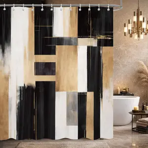 Black and Gold Abstract Shower Curtain, Mid Century Modern Aesthetic Art Bathroom Decoration, Polyester Fabric Waterproof Bath Curtains 72x72 Inch with 12 Hooks