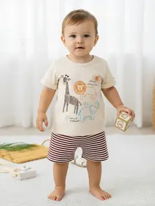 Baby Boys Cute Summer Short Sleeve Round Neck Animal Print T-Shirt, Casual Fitted Striped Shorts Set, Baby Boy Clothes, Baby Clothing, 6-36 Months