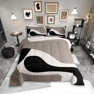 Feelyou Black Beige Striped Bed Comforter Set - Boho Geometric Abstract Microfiber Bedding, Bold Lines Quilt, Minimalist Art Breathable Duvet Set