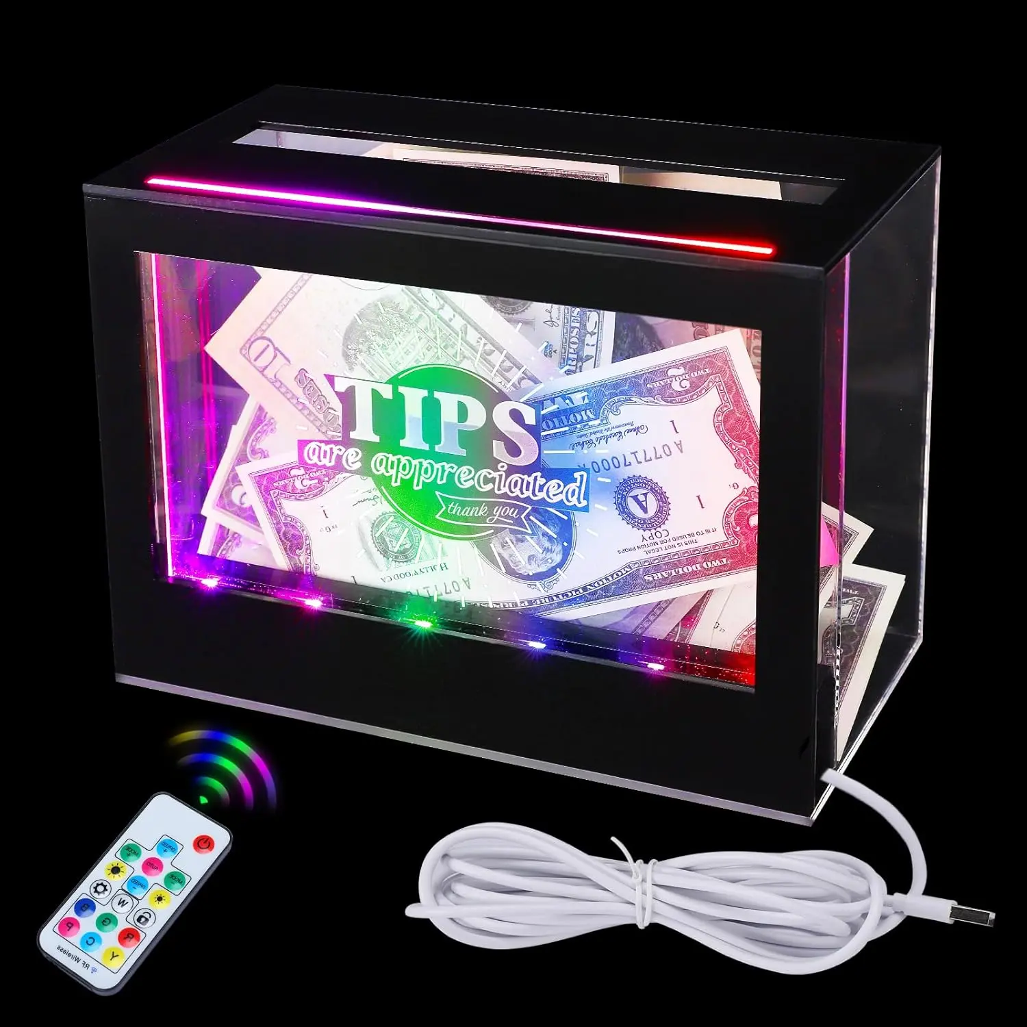 Light Up Tip Jar for  -  Donation Ballot Box for Bartender with 2 Sign Holders, Re-mote, LED Light, Lock- Suggestion Box Tip Box for Restaurants Musicians Voting Charity, USB