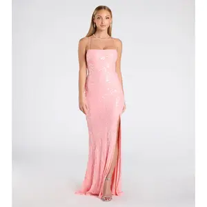 Mariah Lace-Up Slit Sequin Formal Dress