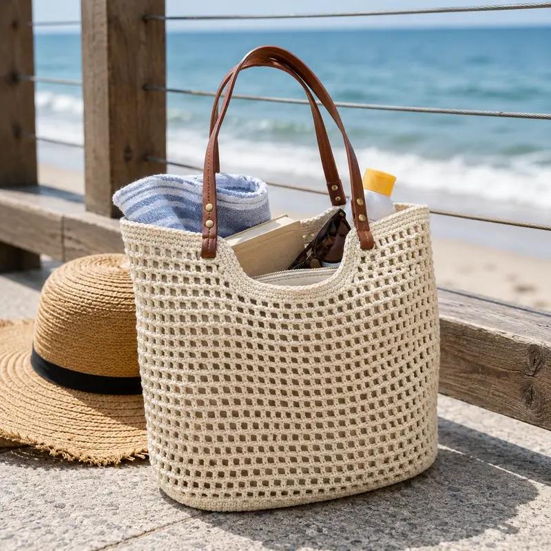 Crochet Tote Bag for Women, Hollow Out Knitted Mesh Shoulder Bag with Faux Leather Handles, Summer Beach Bag, Boho Woven Purse for Travel, Vacation, Shopping & Daily Use, Lightweight Casual Tote, Everyday Carry Bag