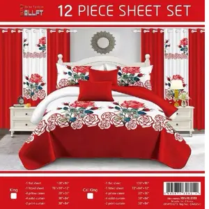 Bellft 12 Piece Sheet Set King Size Red Floral Design 1 Flat Sheet 1 Fitted Sheet 4 Pillowcases 4 Solid Curtains 2 Print Curtains
