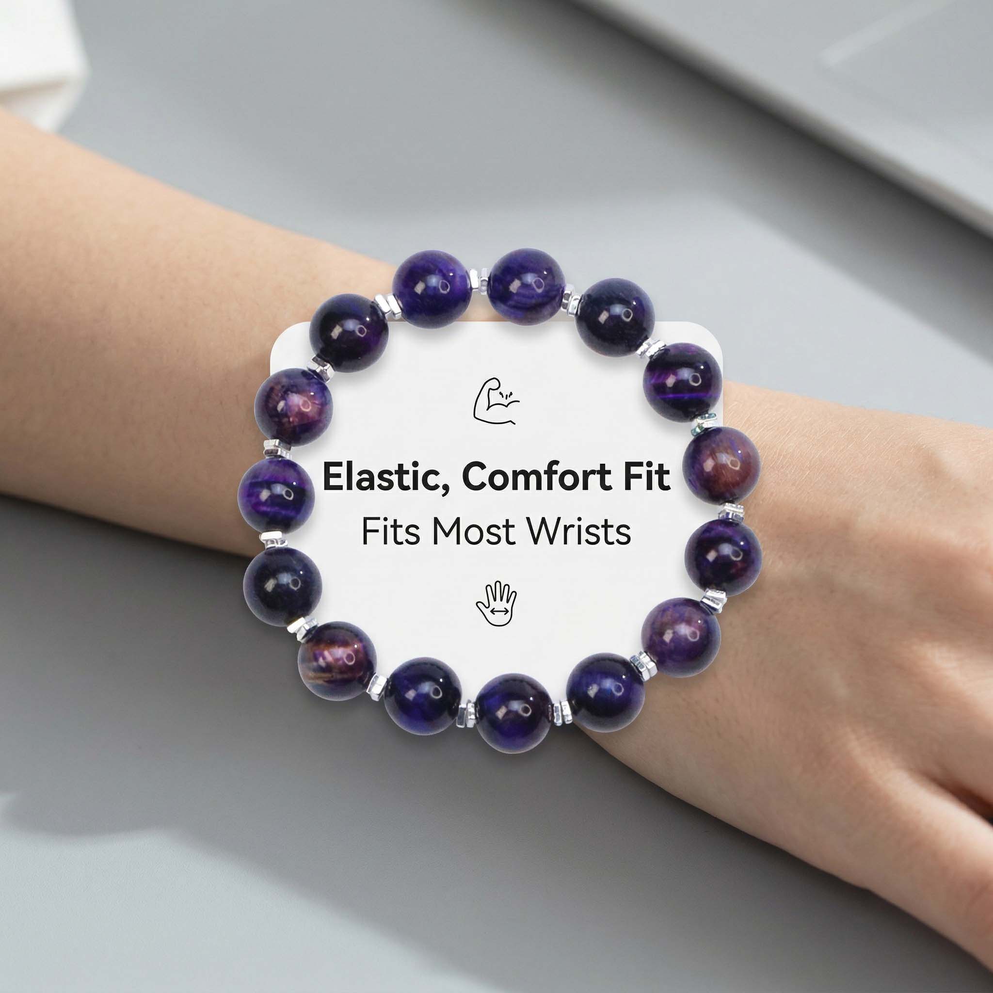 Rare Blue Purple Tiger Eye Bracelet, Elastic Fit, Wealth Attraction Spiritual Jewelry for All Hand Sizes.Gifts for Relieving Anxiety and Stress