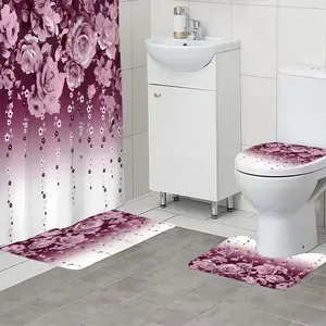 1/4-piece set of purple rose patterned shower curtains, including 180 * 180 shower curtain, non slip floor mat, toilet seat cover and U-shaped cushion shower curtain cover, twelve hooks, bathroom accessories, holiday gifts, holiday decorations