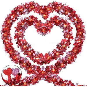 2 count LED Valentine Tinsel Garland - 32.8 Ft  Heart Tinsel Twist Garlands with Lights, Valentine's Day Decorations for DIY Mantle Fireplace Window Valentines Tree Wedding, Red