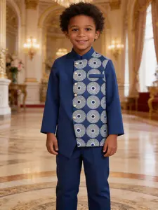 Traditional African Culture Clothing 2 Piece Set, Dashiki Boys Outfit, Long Sleeve Top, Button Front Shirt, Printed Design, Hemline Slit, Elastic Waistband, Pocket, Full Length Trousers, All Season Wear, Holiday Attire, Cute Clothes Set, Boys Ages 6-13