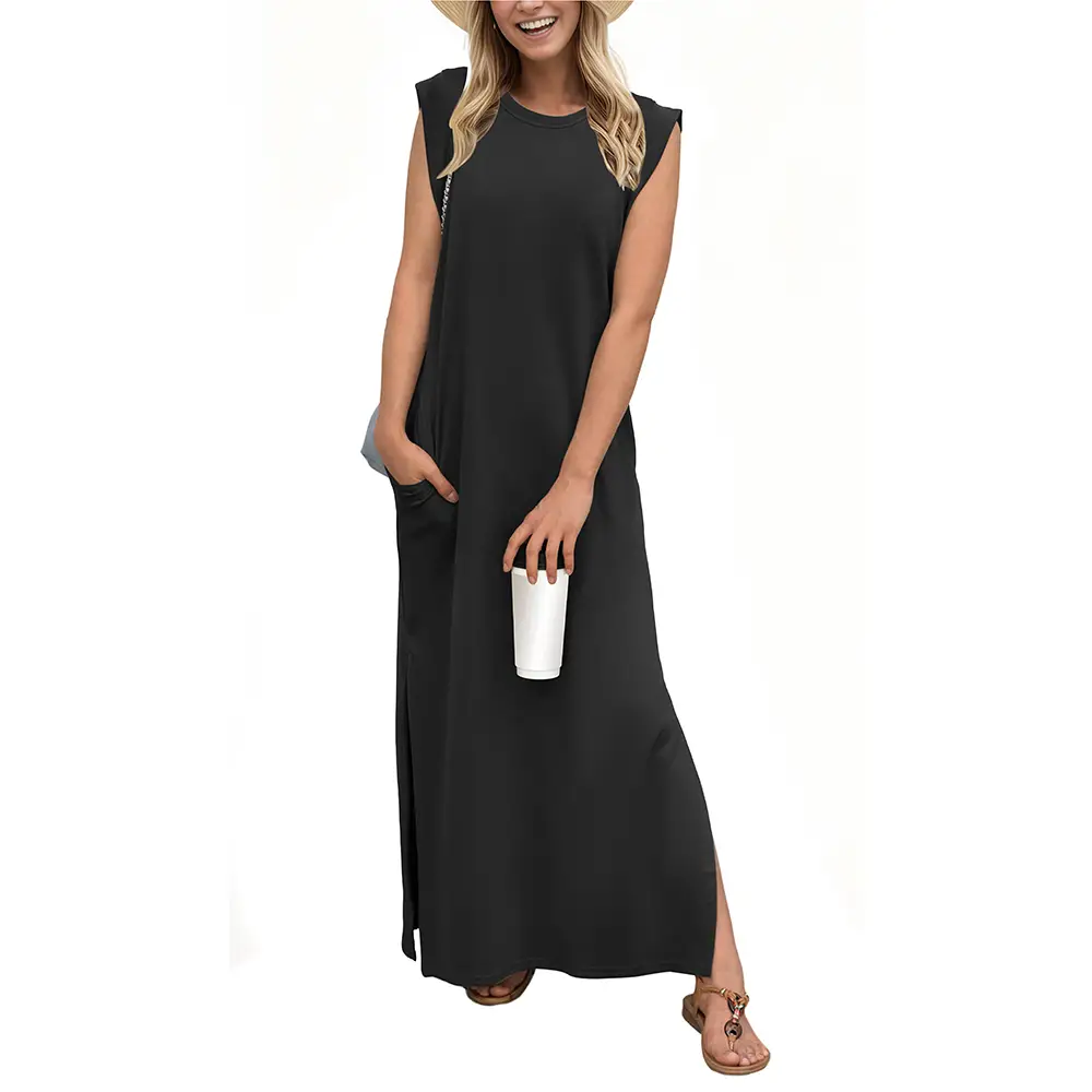 GRECERELLE 2025 Women Summer Round Neck Casual Loose Split Wrinkle-Free Long Maxi Vacation Dress with Pockets (XS-2XL)