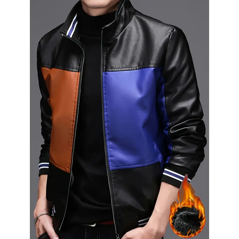 Men's Four Seasons Contrast Color Turtleneck Zip-Up Jacket - Machine Washable H-Shaped Jacket, Casual Artistic Style, Street Fashion, Bold Letter Design, Durable Outdoor Party Decorative Shirt, Teen Trendy Clothing
