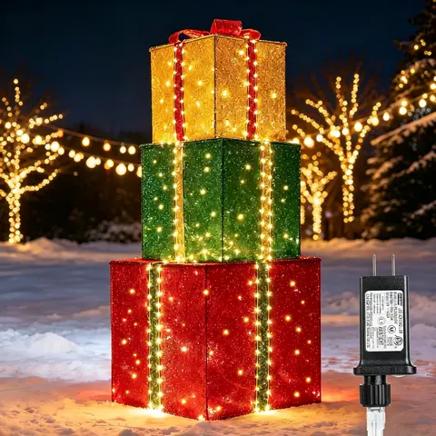 FLACCHI 4.9FT Pre-Lit Christmas Gift Boxes (Set of 3, Different Sizes) - Box Shape Decor with Auto Timer, 16.4FT Cord, Gentle Glow, Party Decoration, Christmas Aesthetic, LED Glowing Modern Holiday Lighting, Outdoor Use for Indoor Trees, Porches, Yards