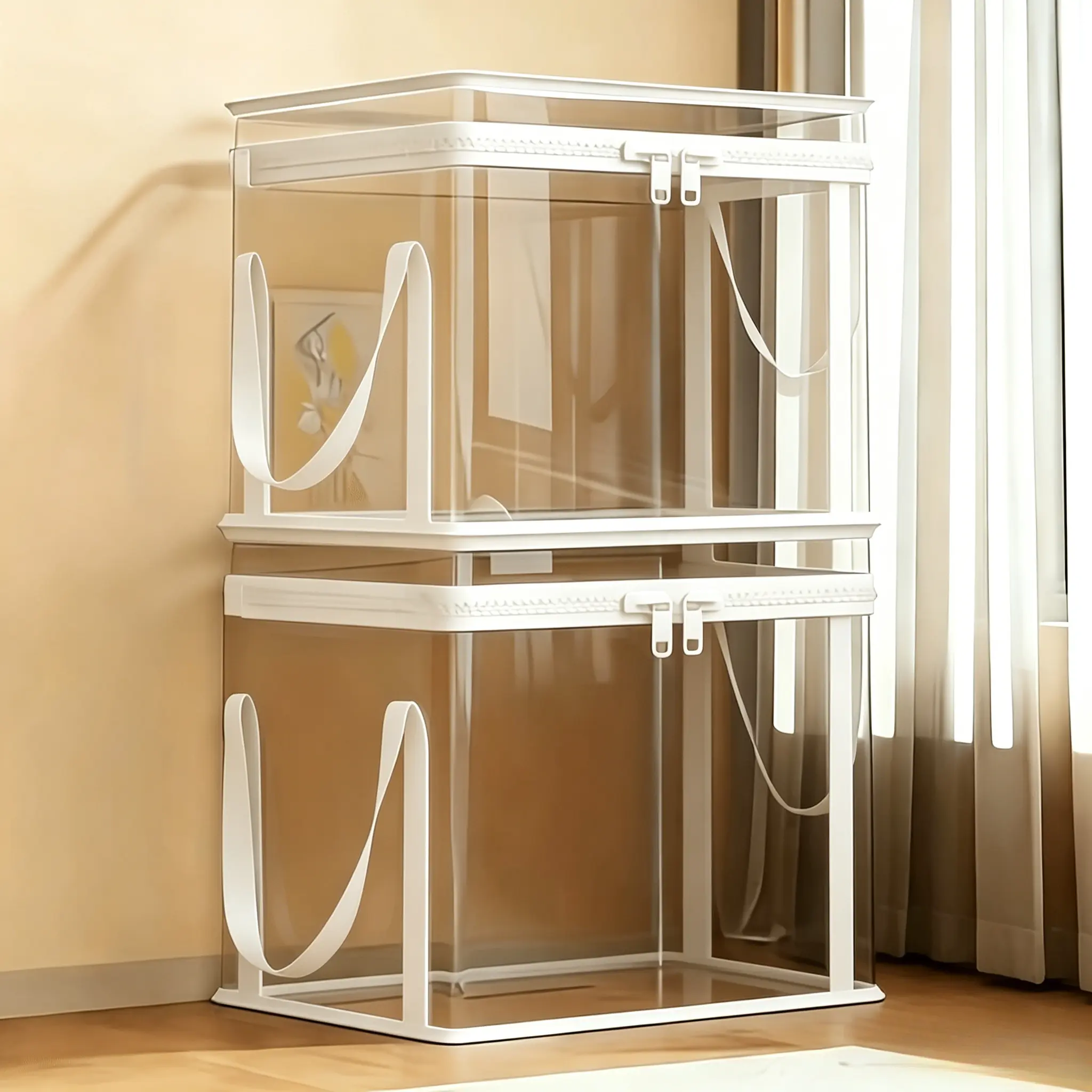 2pcs transparent thickened PVC zipper storage boxes, large, visible, stackable storage boxes, comes with cleaning cloth, suitable for clothing, books, food, dormitory, wardrobe, office, general-purpose storage boxes