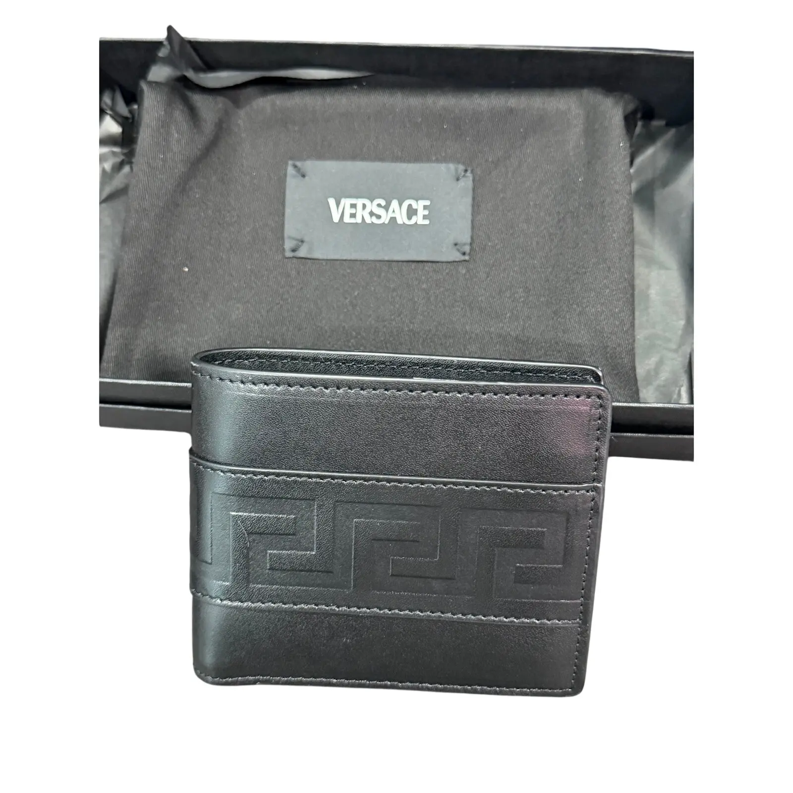 Pre-owned VERSACE Leather Wallet Greca embossed black bi fold wallet