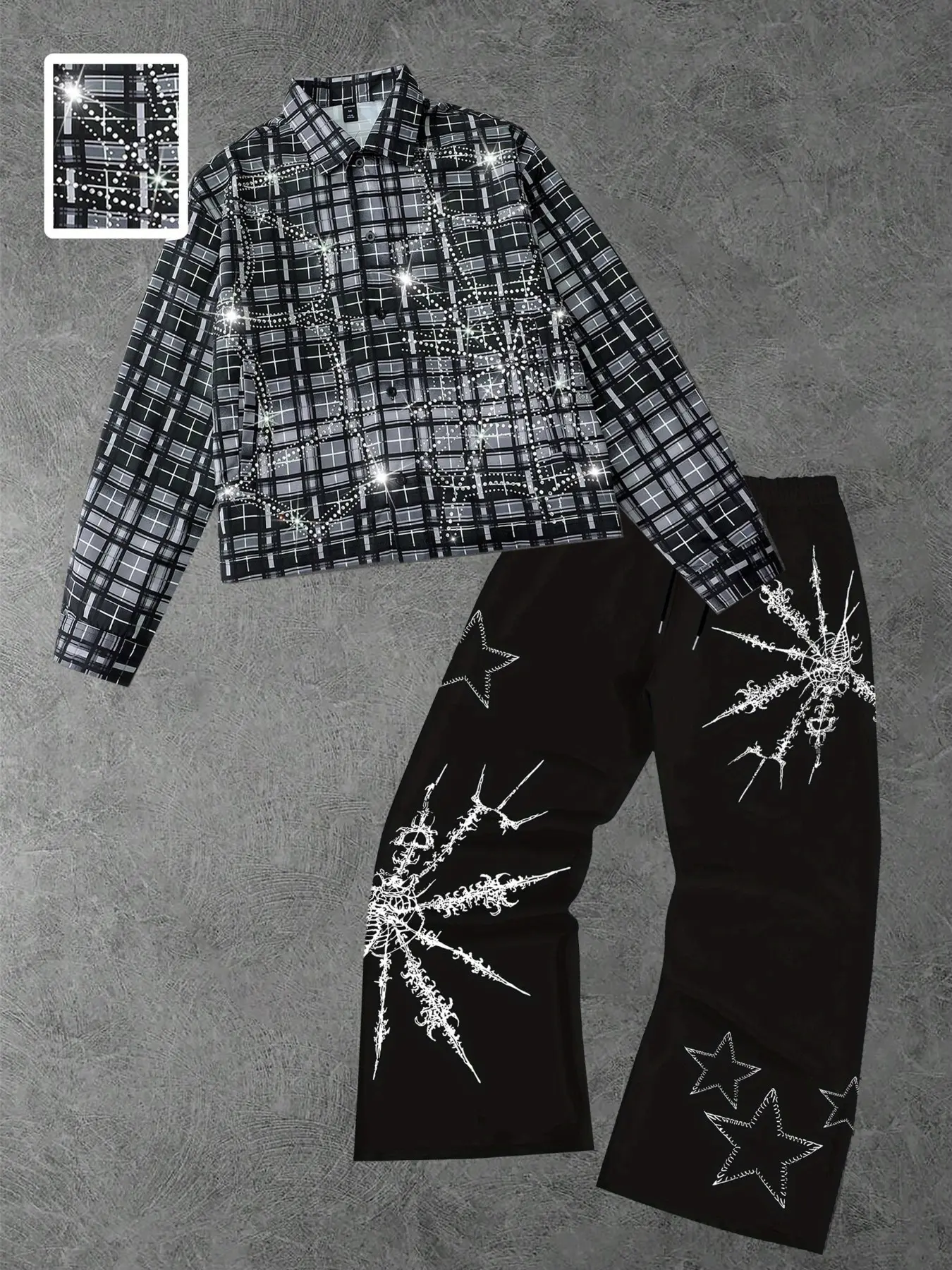 Men's Fitted Plaid Rhinestone Shirt and Graphic Star Print Pants Set, Gothic Punk Street Casual Wear, Fall & Winter Fashion Outfit