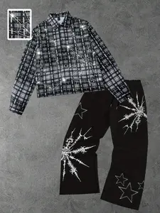 Men's Fitted Plaid Rhinestone Shirt and Graphic Star Print Pants Set, Gothic Punk Street Casual Wear, Fall & Winter Fashion Outfit