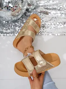 Summer New Gradient Rainbow Sequins Dual Velcro Thick Sole Sandals, Women's Fashion One-Legged Slippers, Comfortable Flat Beach Shoes