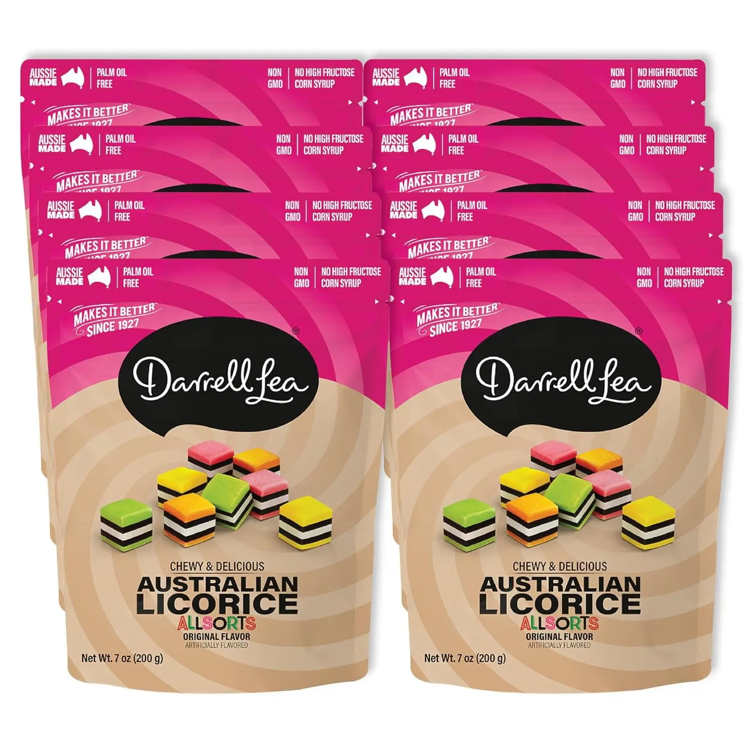 Darrell Lea Soft Australian Licorice, Non-GMO, No Palm Oil, Plant Based, No High Fructose Corn Syrup, Soft & Chewy, Made in Australia, Allsorts, 7 OZ (Pack of 8)