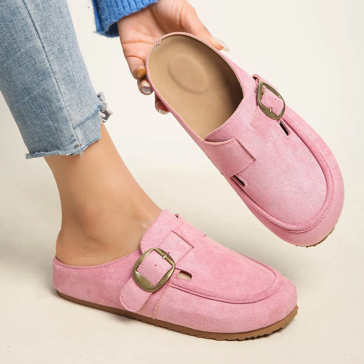 Women's Soft Suede Mules Clogs, Closed Toe Slip-On Flats with an Adjustable Buckle, Comfortable Casual Elegant Footwear with a Non-Slip Sole, Minimalist, 0.5 Cm, Shoes For Women, Round Toe, Synthetic, Everyday Pink, Fabric, Ankle, Women's Shoes