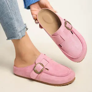 Women’s mules, women’s suede single-buckle mule-style slip-ons, casual flat shoes with a closed toe, comfortable and non-slip, suitable for indoor and outdoor wear