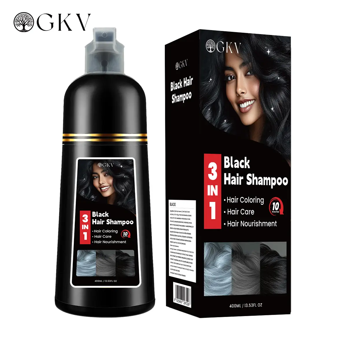 GKV Black Hair Dye Shampoo, Instant 3 in 1 +99.9% Grey Coverage - Plant Herbal N...