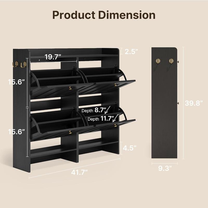 Gizoon Shoe Cabinet with 2 Flip Drawers, Shoe Organizer Storage for Entryway, Freestanding Narrow Rack Cabinet with Space-Saving, for Hallway, Black