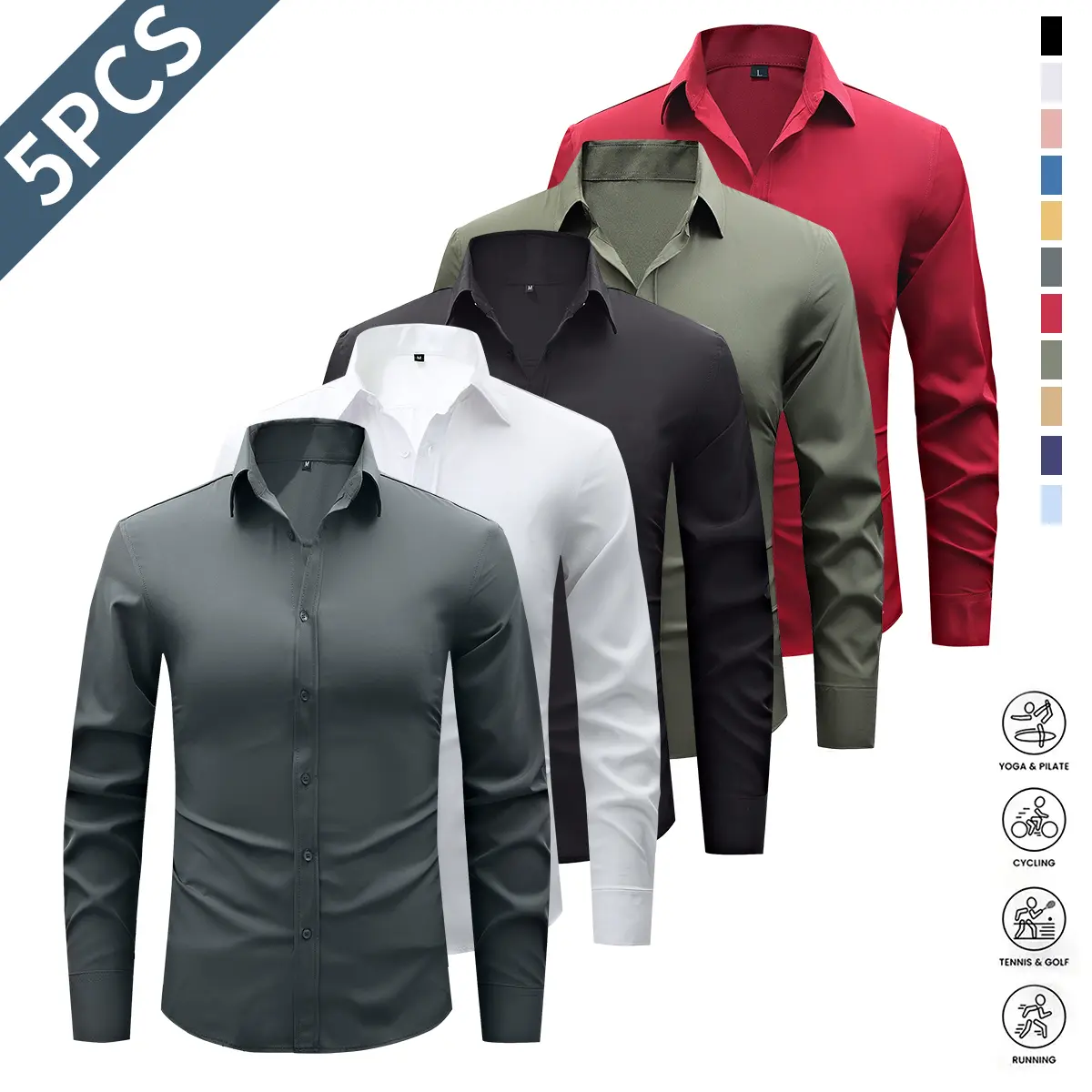 5 Pack Men's Dress Shirts - Wrinkle-Free Point Collar Long Sleeve Business Shirts, Solid Color Regular Fit H-Cut, Soft & Comfortable Fabric, Suitable for Work, Parties, Office 5 Pack Men's Dress Shirts - Wrinkle-Free Point Collar Long Sleeve Business Shirts, Solid Color Regular Fit H-Cut, Soft & Comfortable Fabric, Suitable for Work, Parties, Office