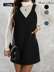 Women's Solid Color Corduroy Vest Dress without Sweater, Casual Sleeveless Straps Short Dress for Daily Wear, Ladies Clothes for All Seasons