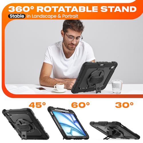 Stock Case for iPad Air 8 7 6-11/13 inch M4 2026/iPad(A19) 12th/(A16) 11th 2025/10th Generation Case/mini 7 (A17 Pro)/6/iPad Pro 11/13 inch M5-M4 2024 Shockproof Heavy Duty Case with Screen Protector Pencil Holder Rotating Stand Hand Strap Shoulder Strap