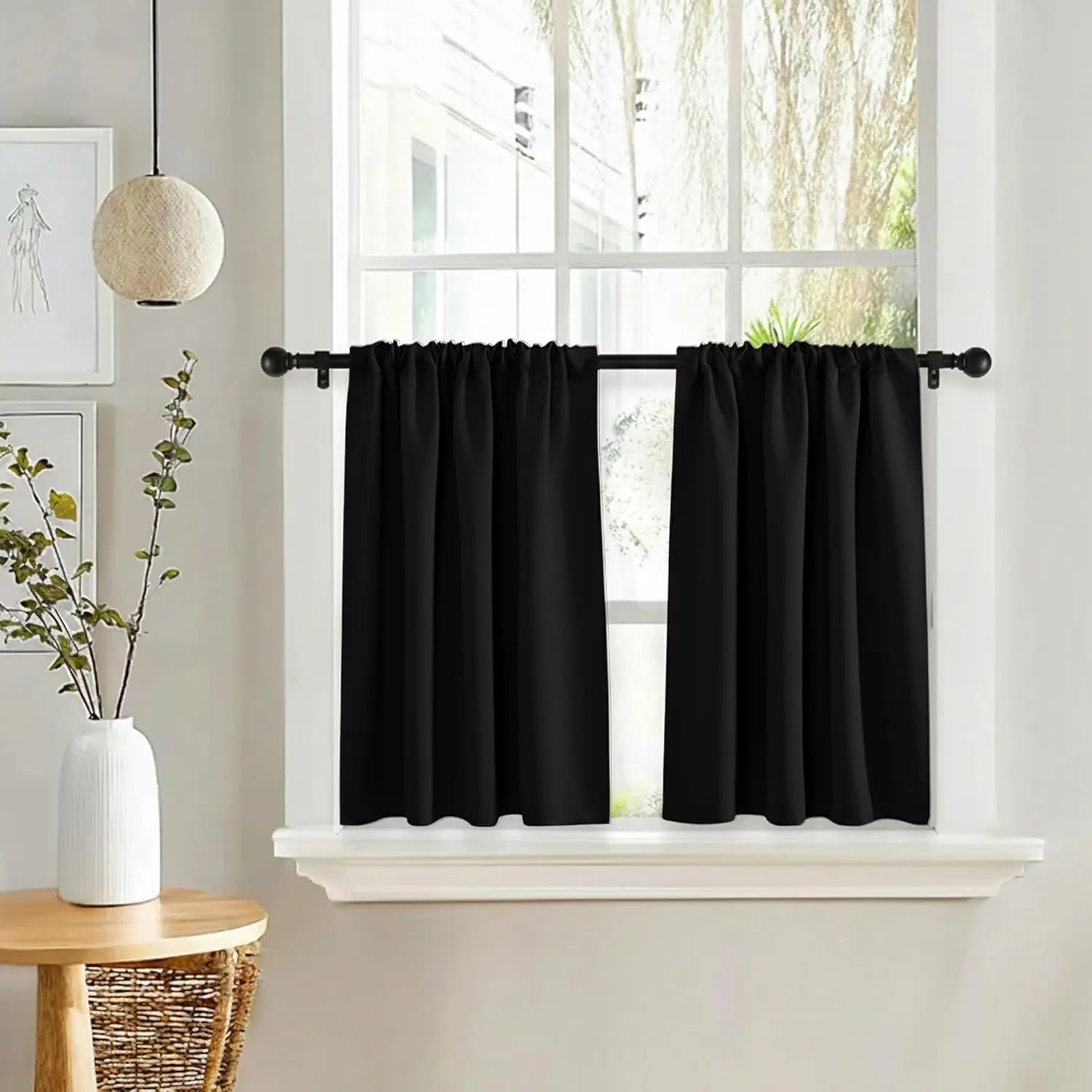 Black Kitchen Curtains Over Sink 24 inch Long for Small Windows, Black Out RV Bunk Panels, Solid Half Window Short Drapes Tiers for Bathroom Camper, Width 29 x Length 24 inches, 2 Panels