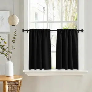 Black Kitchen Curtains Over Sink 24 inch Long for Small Windows, Black Out RV Bunk Panels, Solid Half Window Short Drapes Tiers for Bathroom Camper, Width 29 x Length 24 inches, 2 Panels