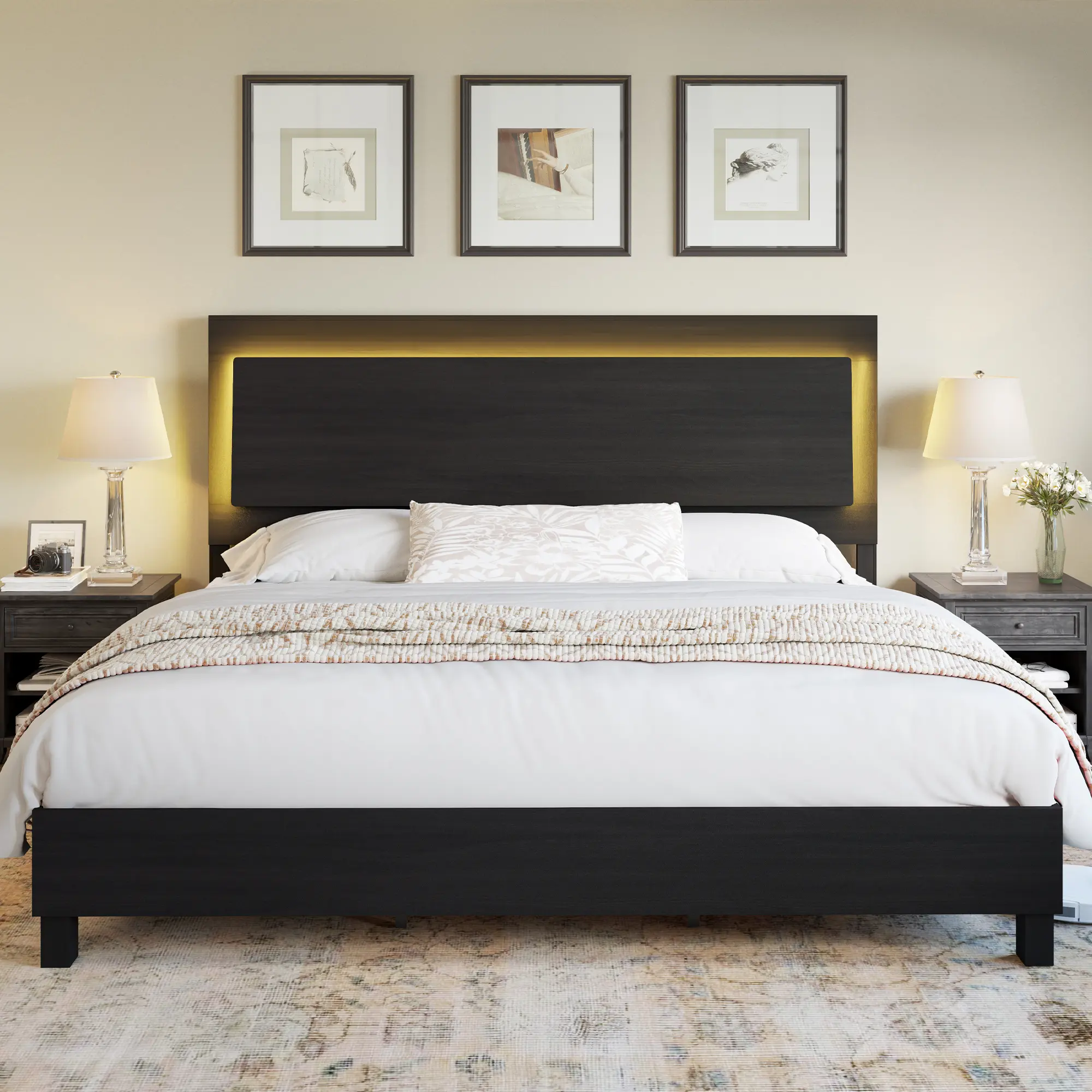 AMERLIFE Wood Bed Frame with 47" Headboard, Rustic Platform Bed with LED Lights, Mattress Foundation with Wooden Slats Support AMERLIFE Wood Bed Frame with 47" Headboard, Rustic Platform Bed with LED Lights, Mattress Foundation with Wooden Slats Support