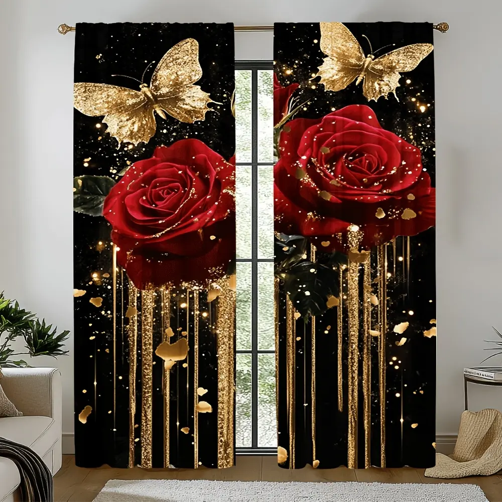 2-Piece set, Valentine's Day rose print curtains, Window Drapes - Floral Sheer Curtains, translucent rod pocket design, red rose and golden butterfly pattern on black background, suitable for bedroom, living room, home decoration, modern style design