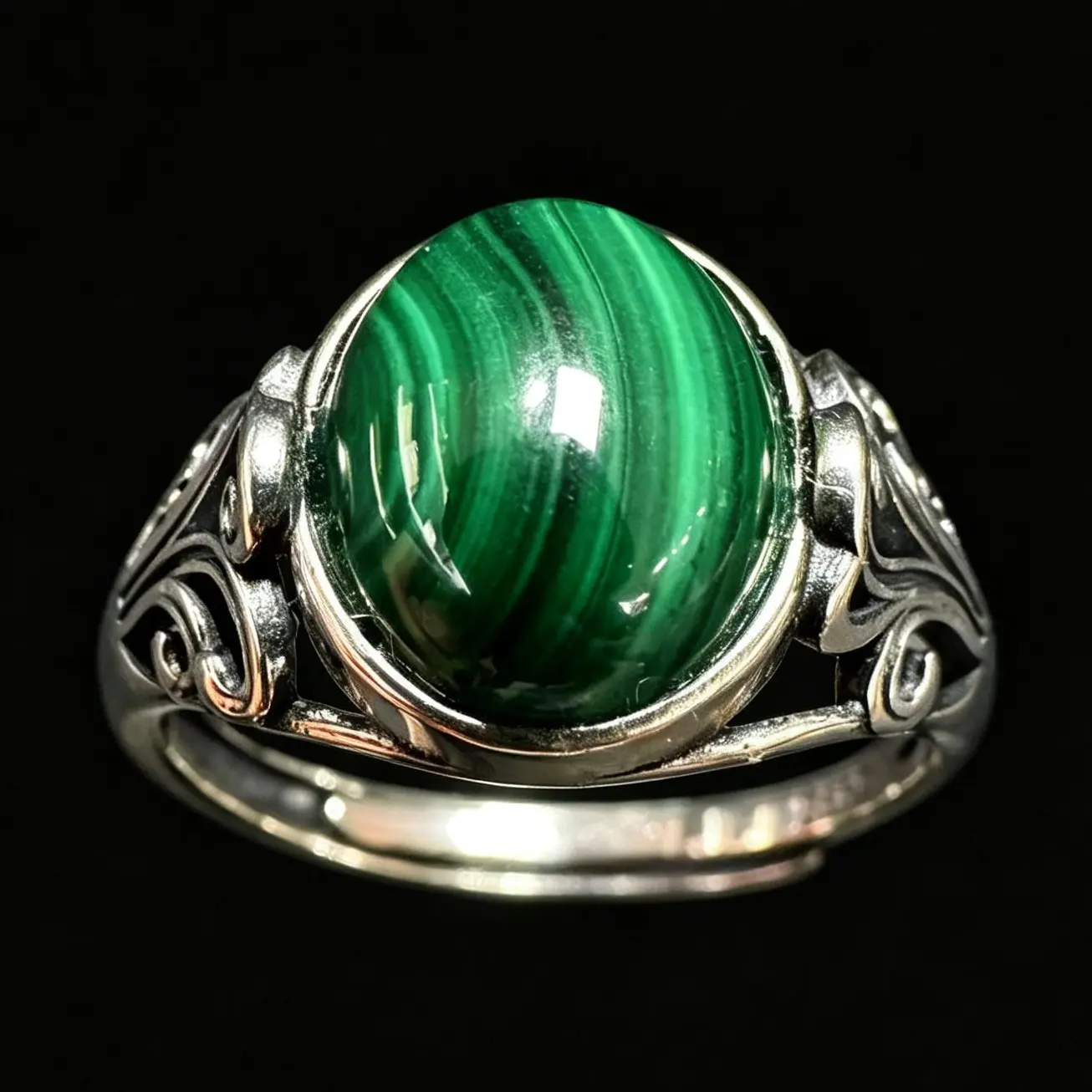 Vintage Scroll Filigree Natural Malachite 925 Sterling Silver Adjustable Ring