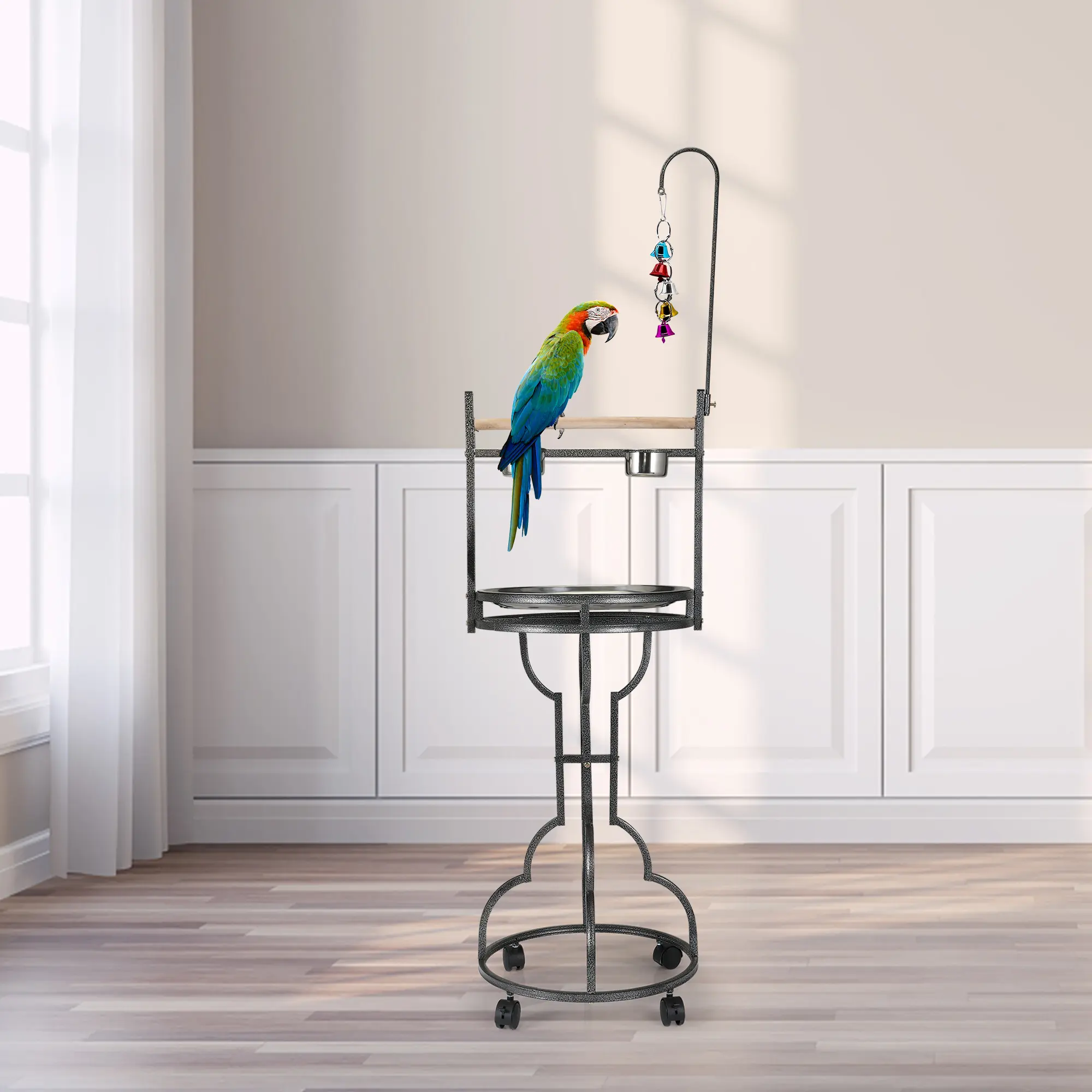 COZIWOW 72" Parrot Stand Stainless Steel Tray Bowls Large Bird Playstand with Easy Grip Wrought Iron Perch Toy Hook Macaw Play Gym Rolling Wheel Pet Gift
