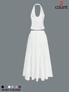 Women's 2-Piece Spring & Fall Womenswear Set, Lady Halter Top + Tiered Skirt, Slim Fit, Breathable Fabric, Perfect for Vacation & Casual Wear