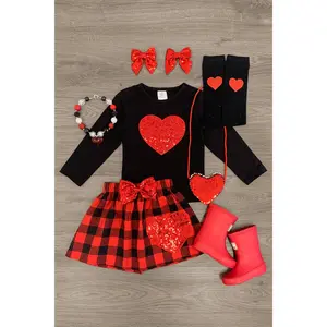 Red Heart Sequin & Plaid Skirt Set
