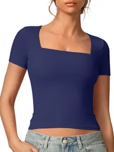 Women's Solid Color Square Neck Sports Tee, Casual Comfy Breathable Short Sleeve T-Shirt for Yoga Gym Workout, Ladies Sportswear for Fall & Winter, Breathable Sports Top