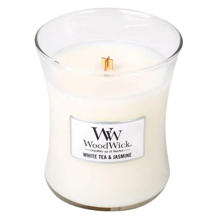 WHITE TEA JASMINE WoodWick 10oz Medium Jar Candle Burns 100 Hours