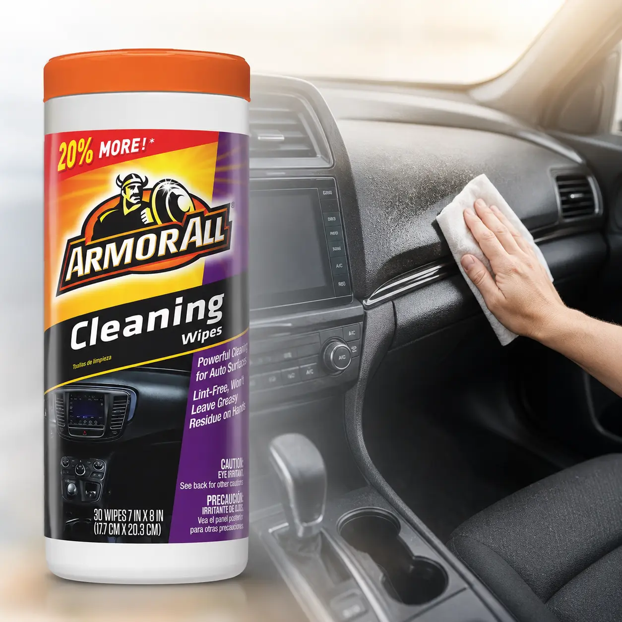 Armor All Car Cleaning Wipes 30 Count,interior cleaner,dashboard,vinyl,console,door panels,seats,trim,cup holders,steering wheel,gear shift,dirt,dust,grime,ground-in mess,non-greasy,matte finish,natural look,disposable wipes,quick detail,road trip cleanup